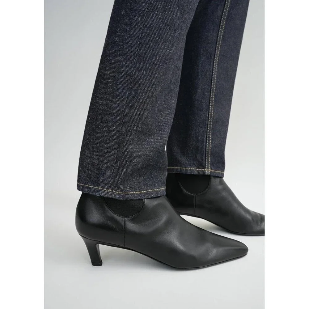 Women's Black Pu Ankle Low Kitten Heel Pointed Toe Slip On Dressy Winter Boots